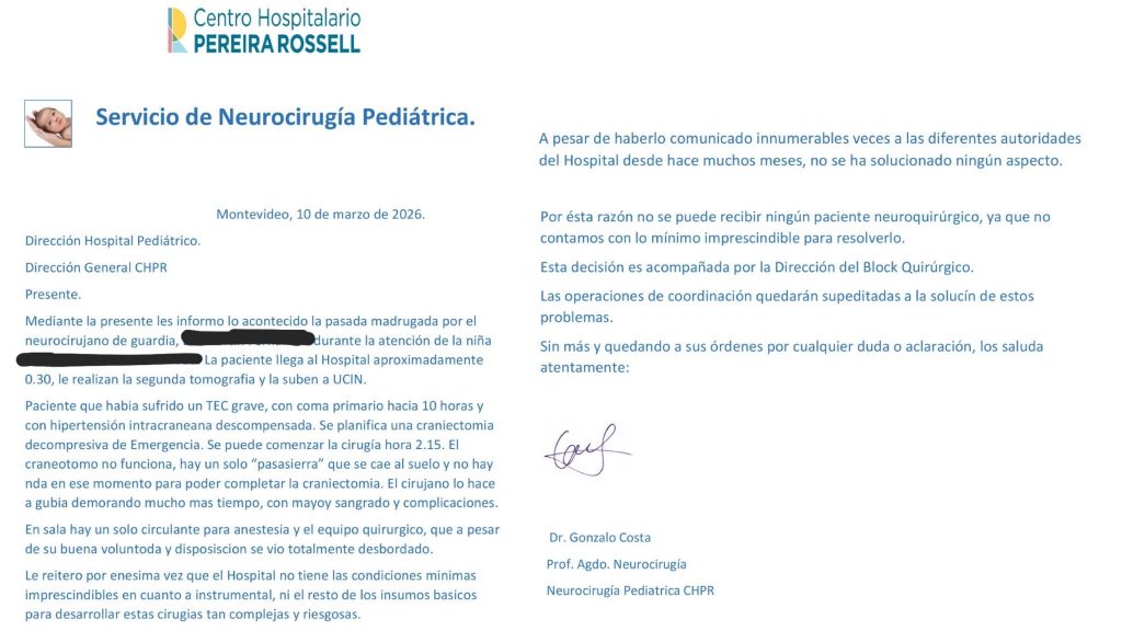 Carta del 10 de Marzo de 2026 del Dr. Gonzalo Costa a la dirección del Pereira Rossell advirtiendo el estado de situación de Neurocirugia en el hospital pediátrico